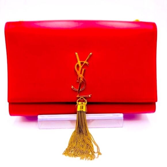 Auth Saint Laurent Red Leather Pompom Kate Clutch Pouchette Tassel Preloved Ex++ - Picture 2 of 16